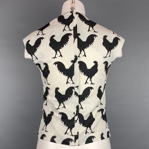 AWAKE 2014 Size 2 White & Black Twill Rooster Print Cotton / Viscose Blouse