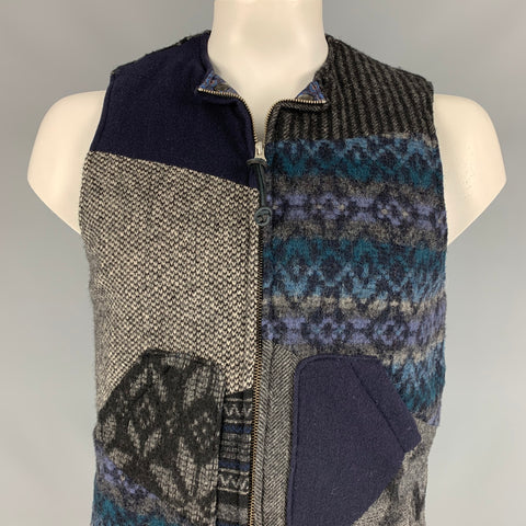 MONITALY Talla 42 Chaleco con cremallera de mezcla de lana de patchwork azul marino y gris