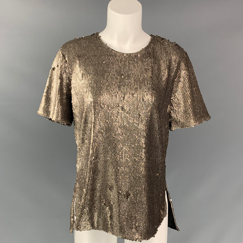 PRABAL GURUNG Size 6 Gold Polyester Sequined Short Sleeve Dress Top