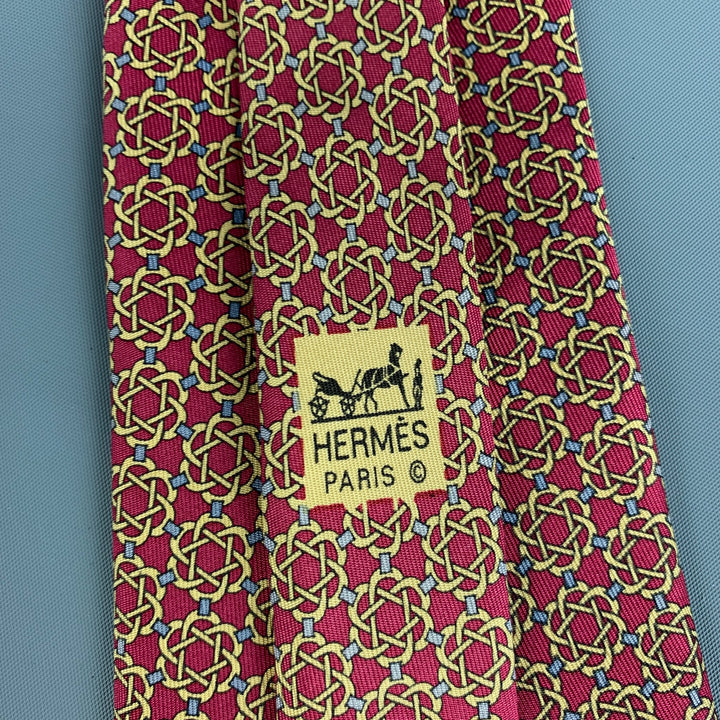 HERMES 7122 FA Burgundy Gold Abstract Silk Tie