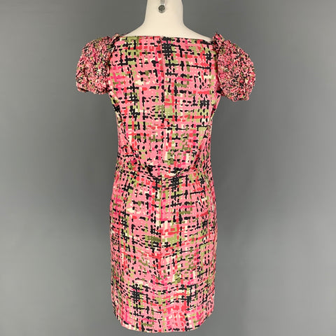 YVES SAINT LAURENT Taille S Rose Vert Noir Robe Manches Courtes Abstraite