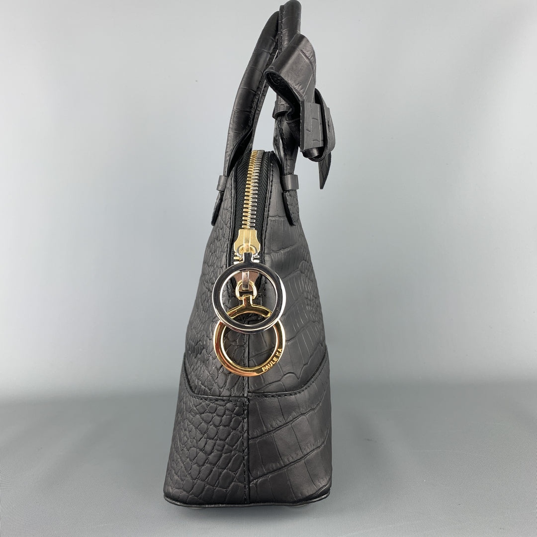 PAUL KA Black Crocodile Embossed Leather Mini Bow Handbag