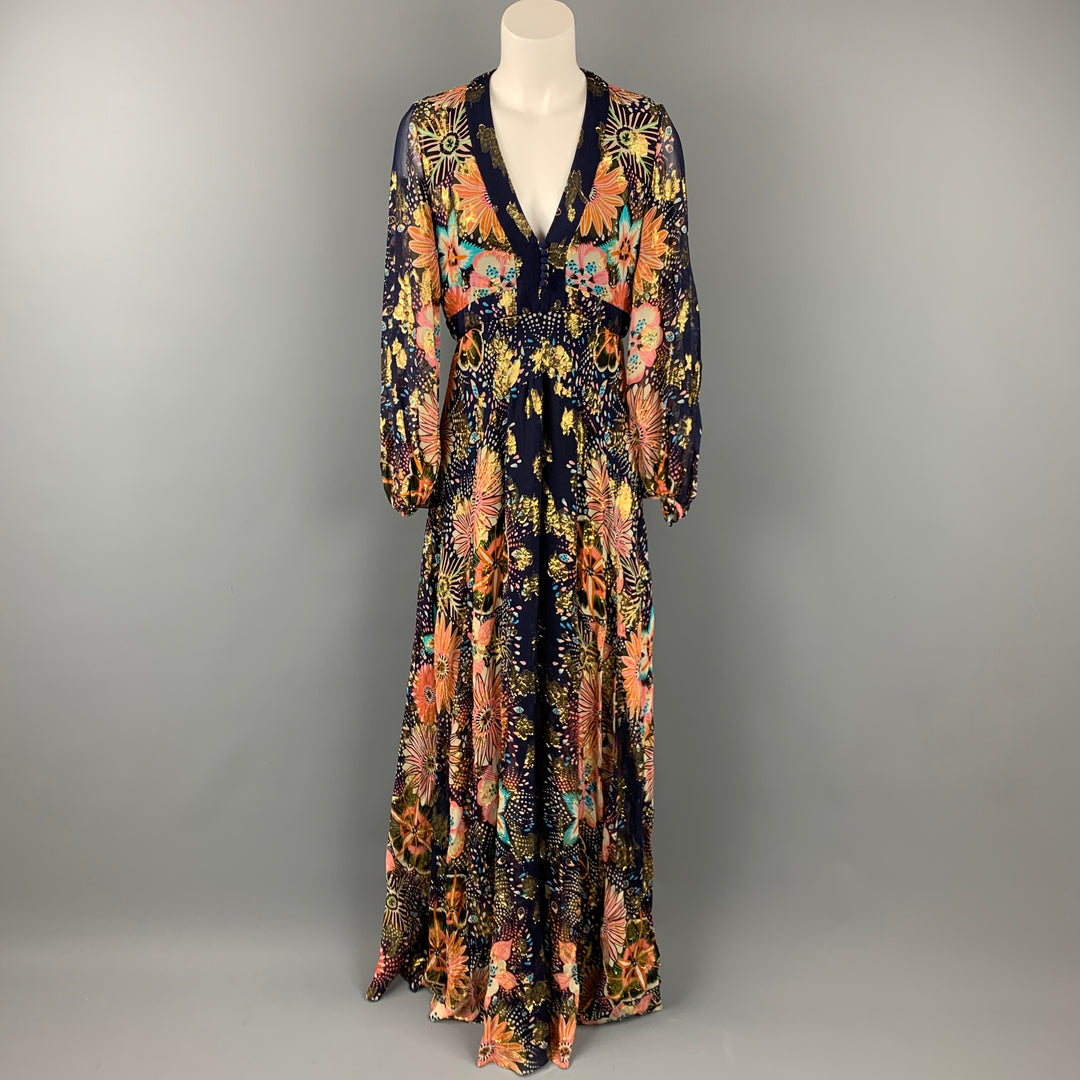 CHLOE Size 6 Multi-Color Metallic Silk Maxi Dress