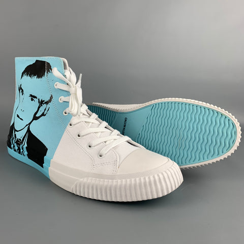 CALVIN KLEIN 205W39NYC Taille 12 Baskets montantes en toile graphique Warhol emblématique blanc et bleu