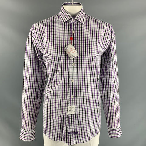 ENGLISH LAUNDRY Size XL White, Purple & Black Window Pane Cotton Long Sleeve Shirt