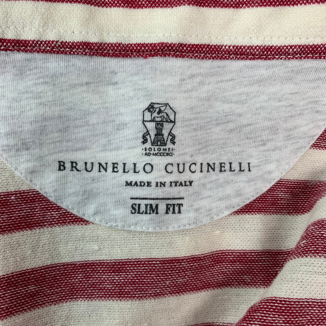 BRUNELLO CUCINELLI Size M Red White Striped Trim Cotton Linen Buttoned Polo