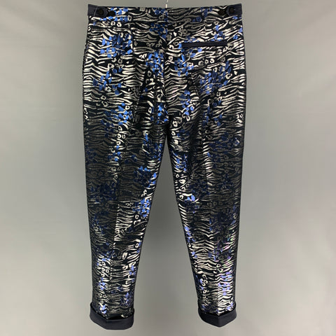 MARCELL VON BERLIN Size 34 Black Silver Blue Jacquard Metallic Zip Fly Dress Pants