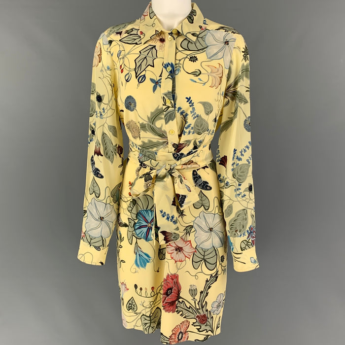 GUCCI 2015 Resort Flora by Kris Knight Size 6 Yellow Green Silk Long Sleeve Dress