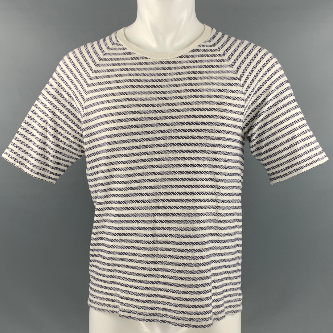 OUR LEGACY Size S White Navy Woven Cotton Crew-Neck T-shirt