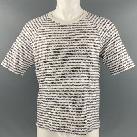 OUR LEGACY Taille S T-shirt à col rond en coton tissé bleu marine blanc