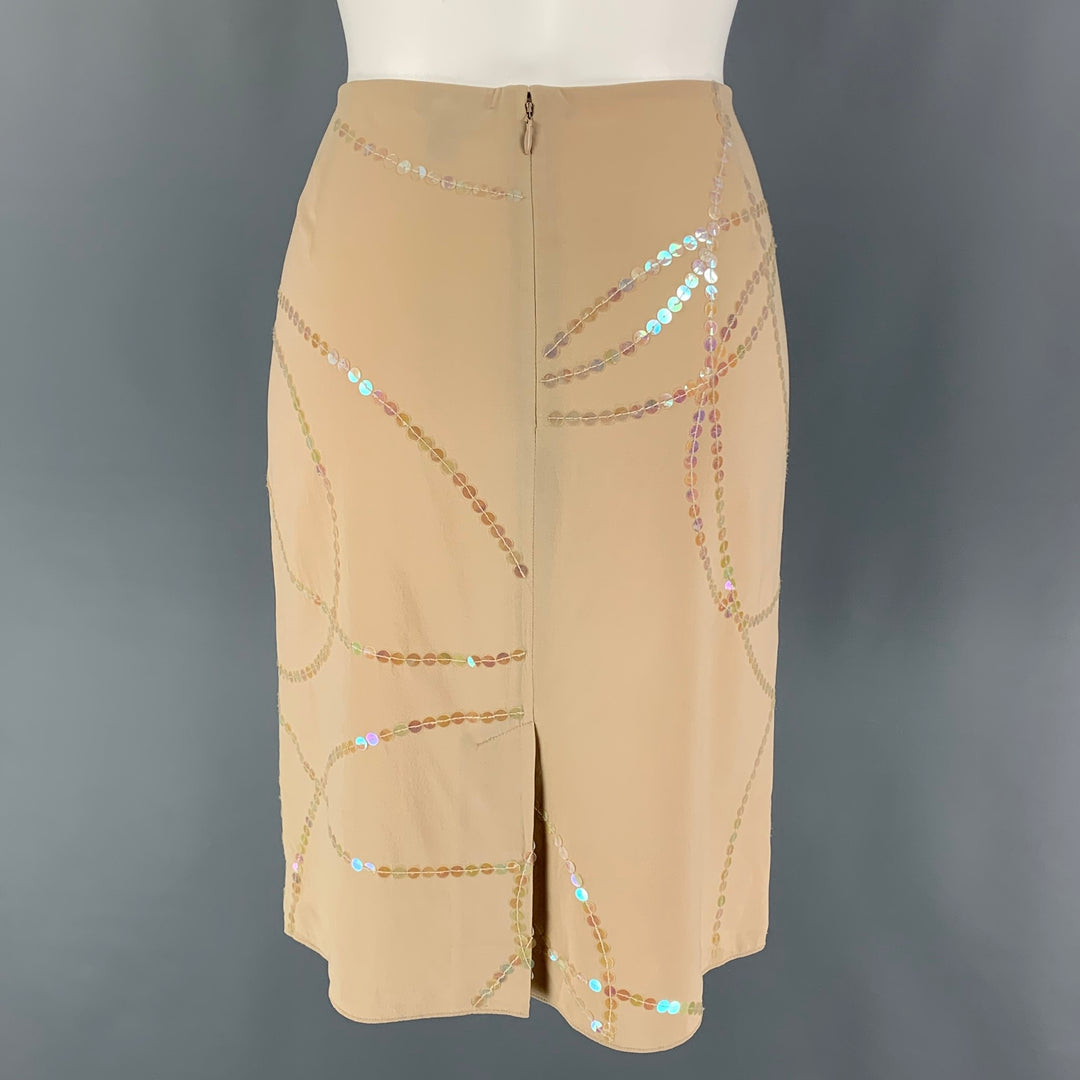 CALVIN KLEIN Size 8 Beige Silk Sequined A-Line Skirt