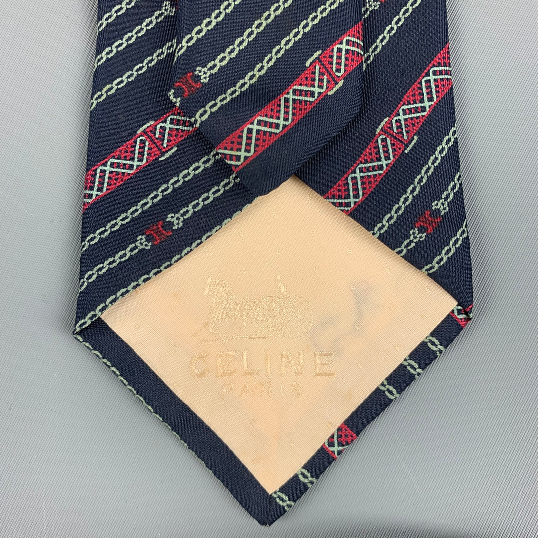 CELINE Navy Red Diagonal Stripe Silk Tie