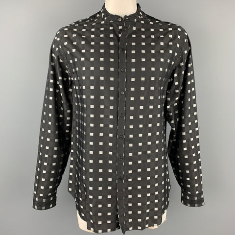 ARMANI COLLEZIONI Size XL Black & Silver Checkered Cotton / Viscose Nehru Collar Long Sleeve Shirt