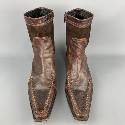 DSQUARED2 Taille 12 Bottes en cuir marron avec fermeture éclair latérale et coutures en détresse