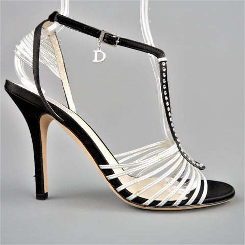 CHRISTIAN DIOR Talla 9.5 Sandalias con tira en T de cuero y seda en negro y plateado