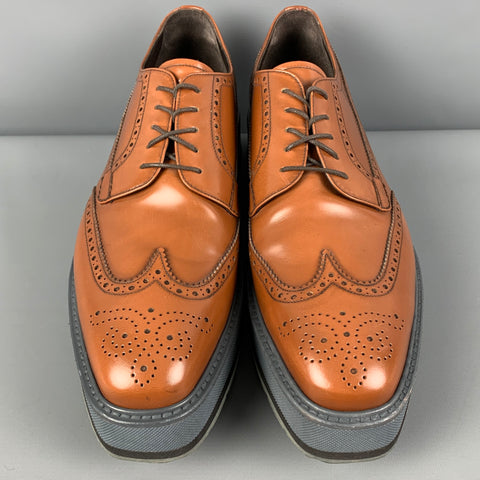 PRADA Size 9.5 Tan Grey Perforated Leather Platform Lace Up Shoes