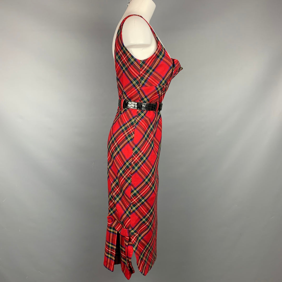 LAMB Vestido con cinturón de charol sintético a cuadros de lana roja talla 10