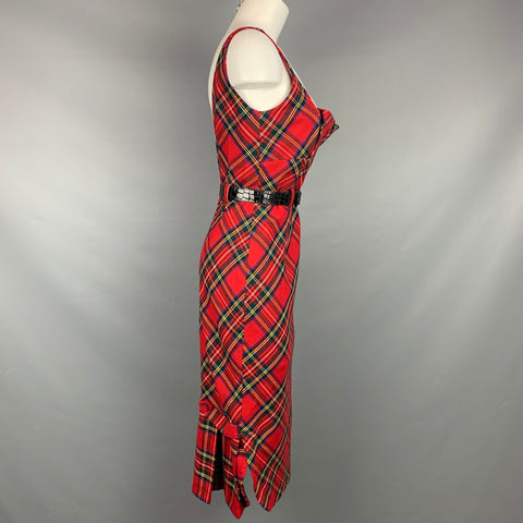 LAMB Size 10 Red Wool Plaid Faux Patent Leather Belted Dress
