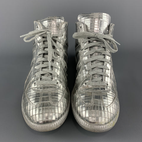 MAISON MARGIELA Size 10 Silver Metallic Leather Disco Ball High Top Sneakers
