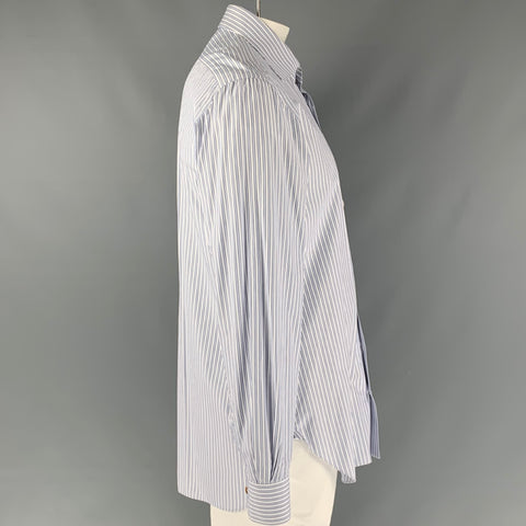 KITON Size XL White & Navy Stripe Cotton Button Down Long Sleeve Shirt