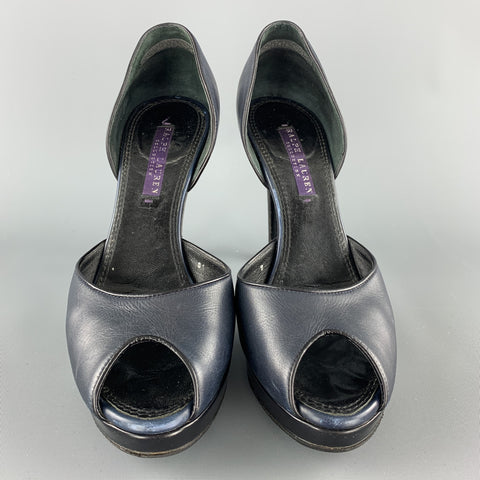 RALPH LAUREN Size 7 Navy & Black Leather Peep Toe Pumps