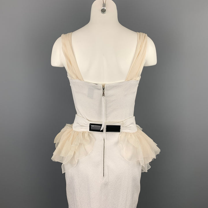 LOUIS VUITTON Size 6 White & Beige Ruched Bust Ruffled Belt Cocktail Dress