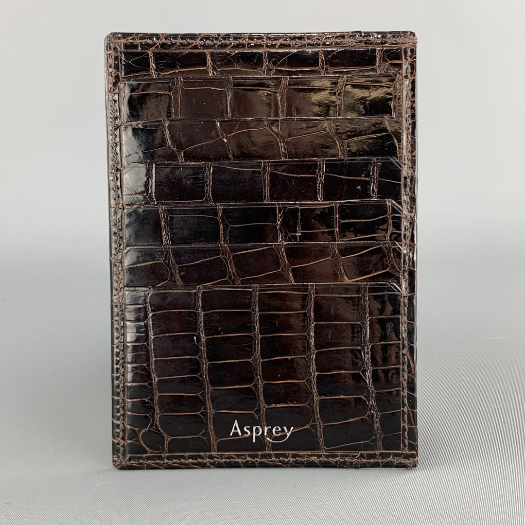 ASPREY Crocodile Dark Brown Leather Flat Card Case