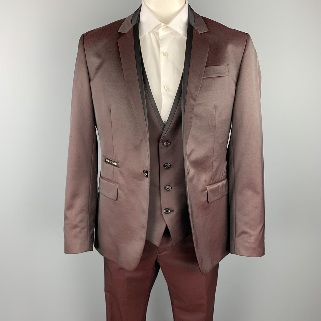 PHILIPP PLEIN Diamond Cut Size 44 Burgundy & Black Wool Blend 3 Piece Tuxedo Suit