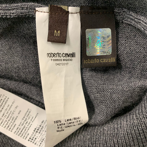 ROBERTO CAVALLI Size M Grey Embroidery Wool Crew-Neck Pullover