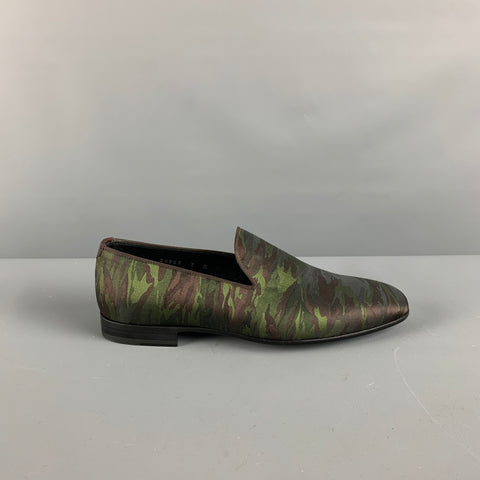MAGNANNI Size 8 Olive Brown Camouflage Silk Slip On Loafers