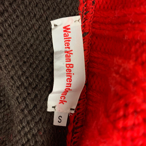 WALTER VAN BEIRENDONCK Size S Red & Yellow Knitted Wool Face Patch Cardigan