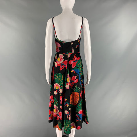 VALENTINO Size 2 Black Multi-Color Silk Floral Spaghetti Straps Mid-Calf Dress