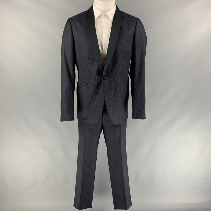 ETRO Size 40 Navy Rhombus Wool / Silk Shawl Collar Suit