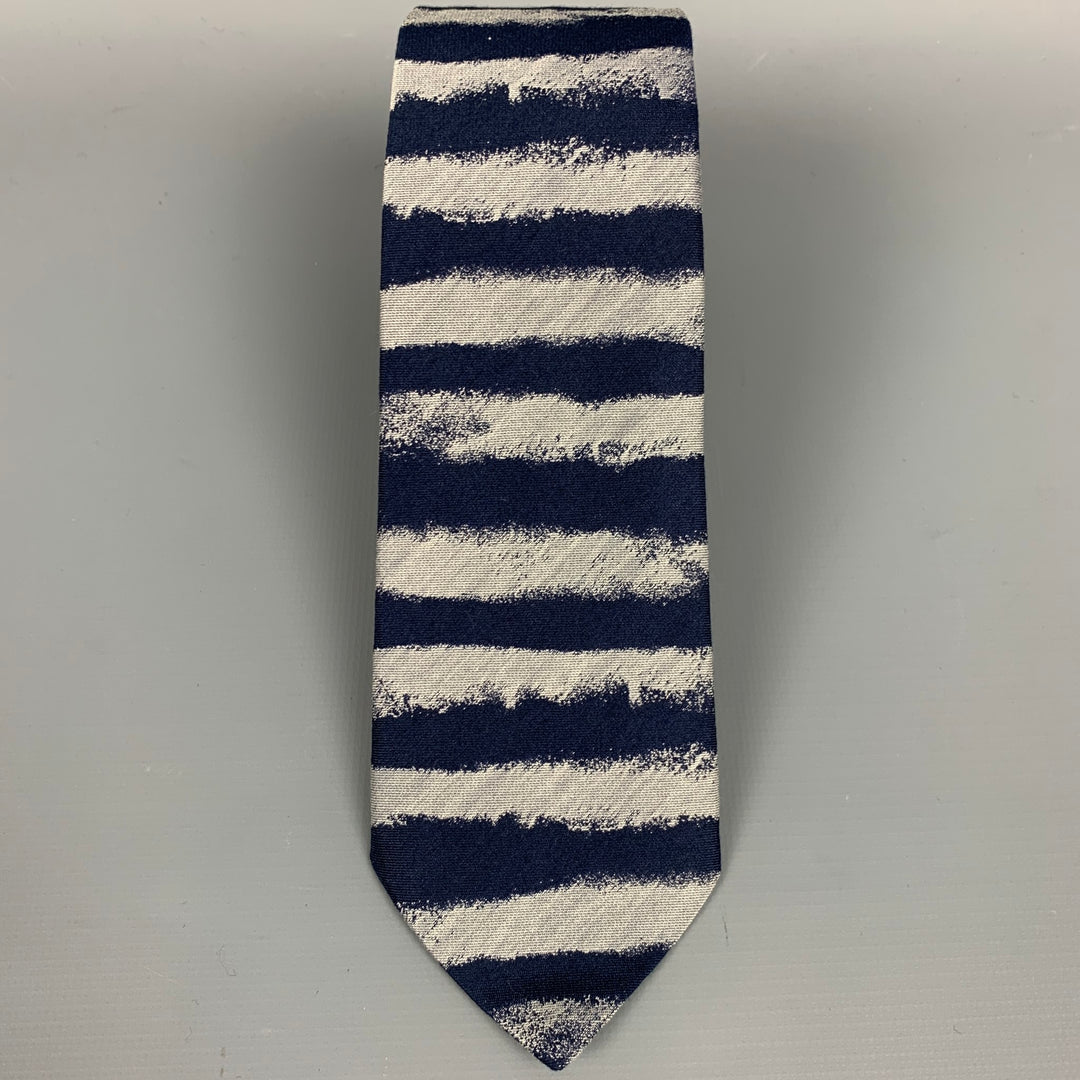 ALEXANDER MCQUEEN Navy & Grey Cotton / Silk Stripe Narrow Tie