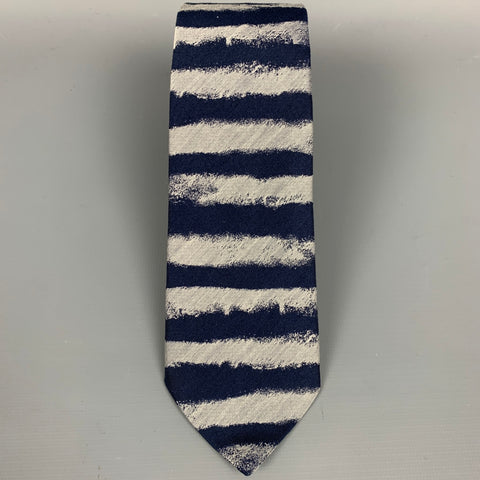 ALEXANDER MCQUEEN Navy & Grey Cotton / Silk Stripe Narrow Tie