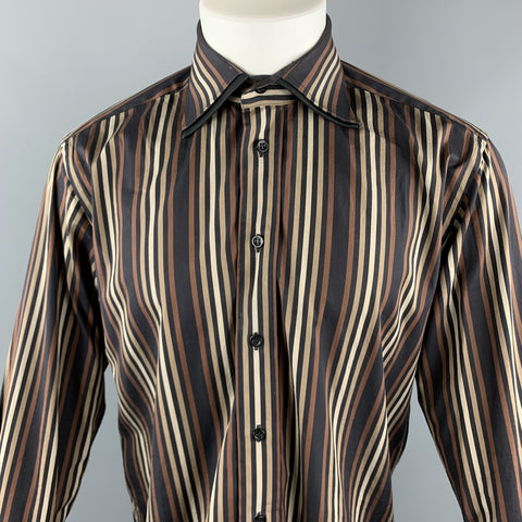 VERSACE CLASSIC Size S Brown & Black Stripe Cotton Double Collar Button Up Long Sleeve Shirt