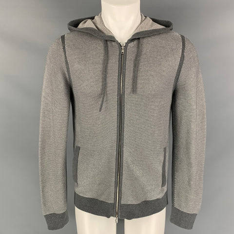 THEORY Size M Grey White Stripe Cotton Blend Hooded Cardigan