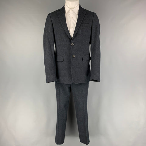 ETRO Chest Size 38 Navy Black Herringbone Wool Blend Notch Lapel 32 Sport Coat