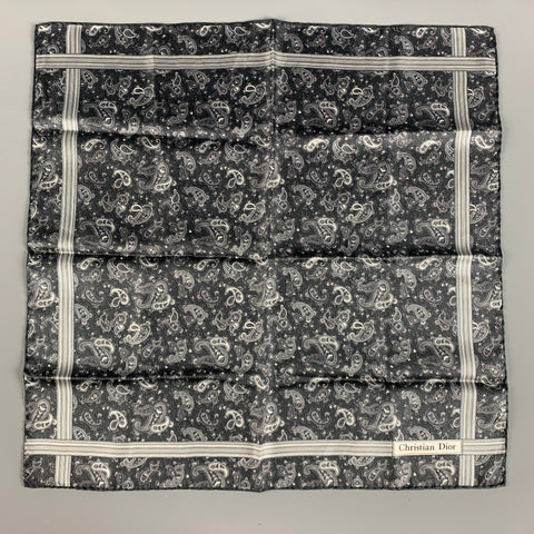 CHRISTIAN DIOR Black White & Grey Paisley Silk Satin Pocket Square