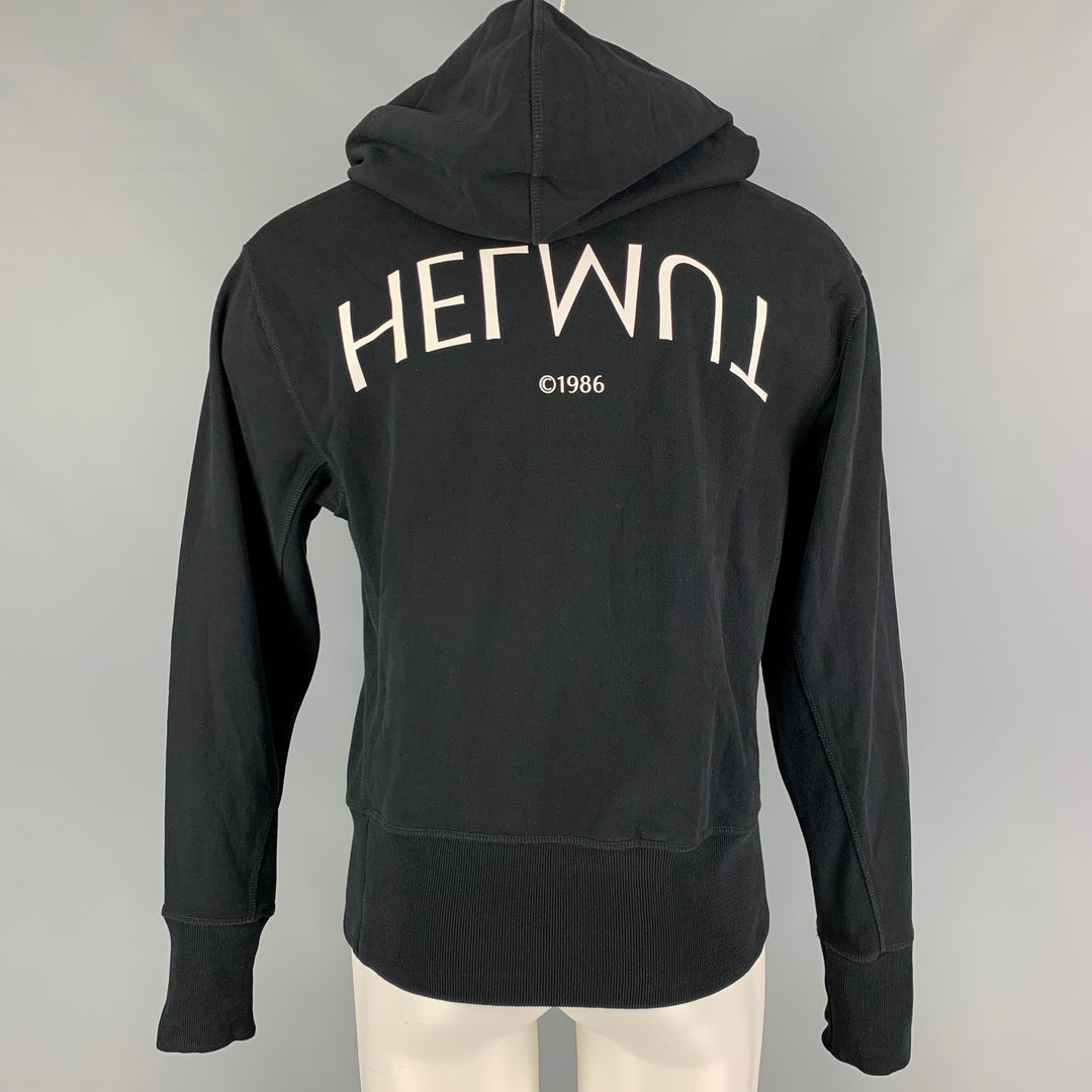HELMUT LANG Size M Black White Logo Cotton Hoodie Sweatshirt