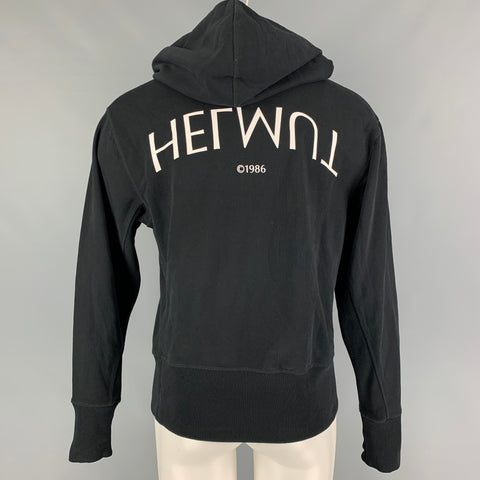 HELMUT LANG Size M Black White Logo Cotton Hoodie Sweatshirt