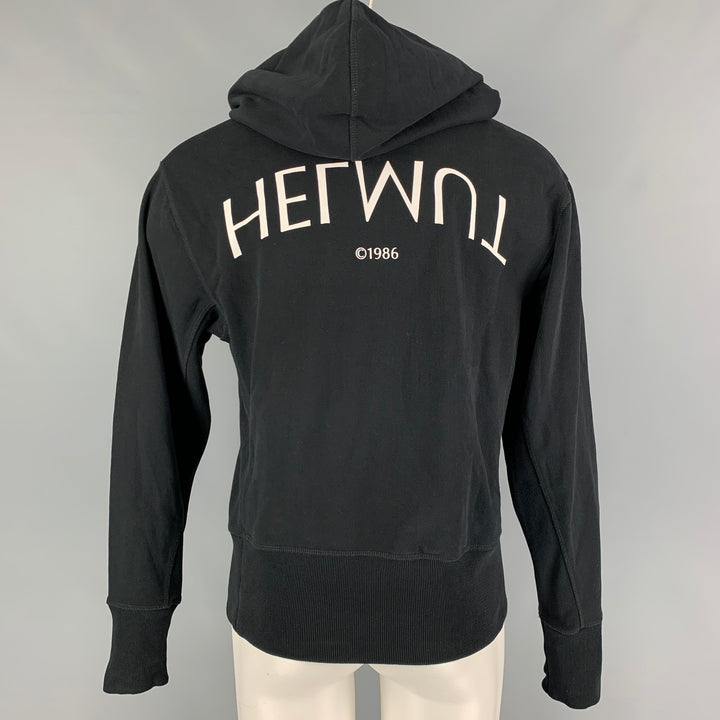 HELMUT LANG Size M Black White Logo Cotton Hoodie Sweatshirt