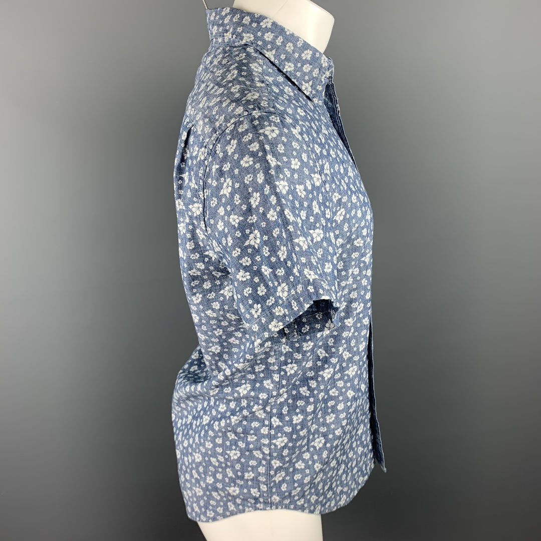 J CREW Taille S Chemise à manches courtes boutonnée en coton floral indigo