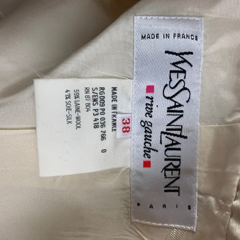 Vintage YVES SAINT LAURENT Size 6 Cream Wool Silk Peak Lapel Skirt Suit