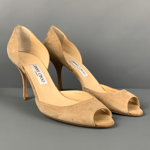 JIMMY CHOO Zapatos de salón con punta abierta de ante color topo Talla 13