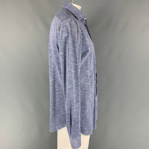 FINAMORE Size L Blue White Heather Cotton Button Up Long Sleeve Shirt
