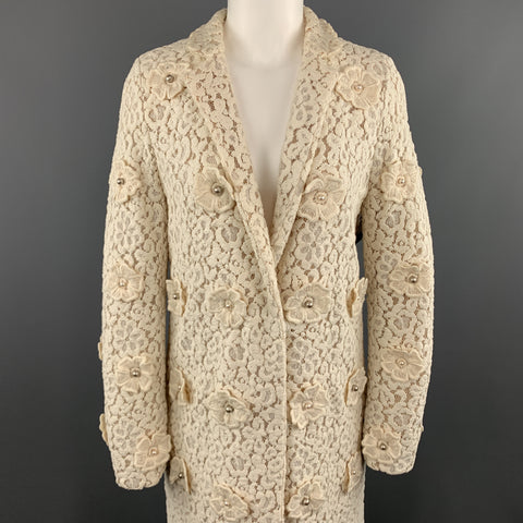 CHLOE Size 4 Cream Lace Faux Pearl Flower Notch Lapel Evening Coat