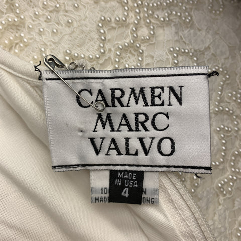 carmen marc valvo dresses cream lace dress CARMEN MARC VALVO Size 4 Cream Beaded Lace Overlay Sleeveless Gown Sui Generis Designer Consignment