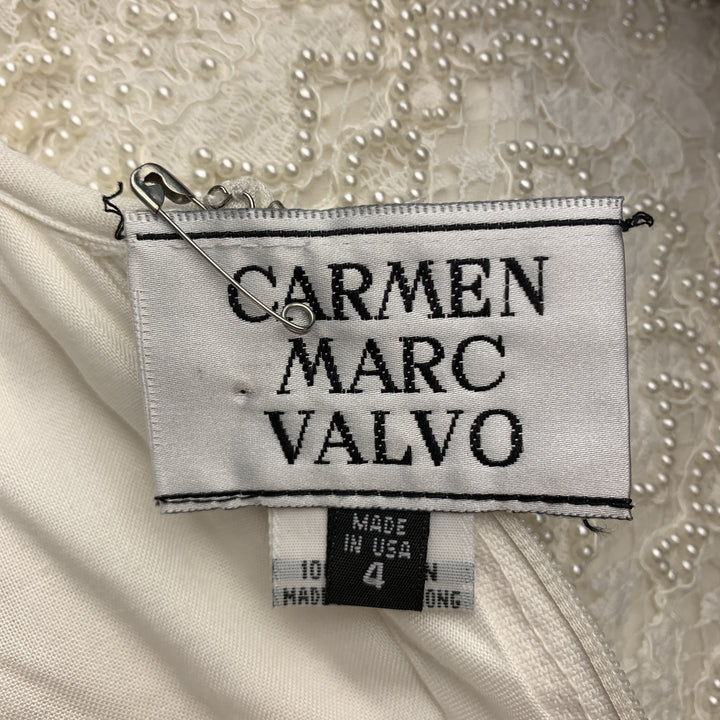 CARMEN MARC VALVO Size 4 Cream Beaded Lace Overlay Sleeveless Gown
