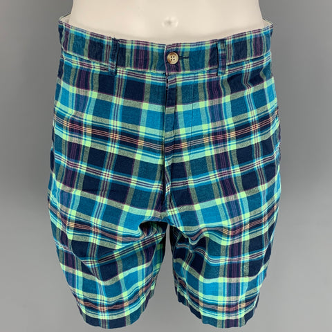 POLO par RALPH LAUREN Taille 32 Short à braguette zippée en coton à carreaux vert et bleu marine